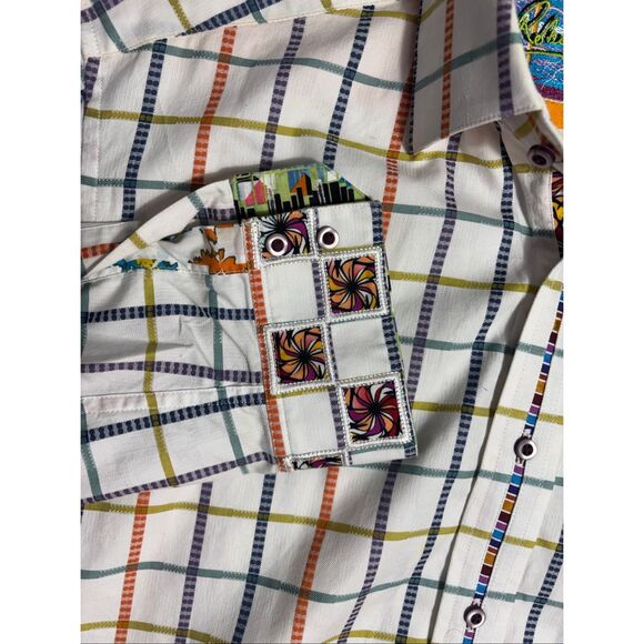 Robert Graham Button Up Plaid Shirt White Orange Embroidered Cuff Size Large L - Picture 5 of 12